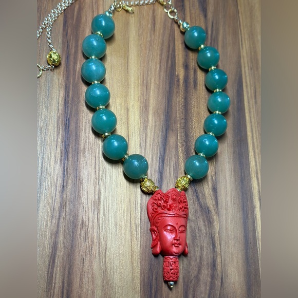 JADE AVENTURINE + CINNABAR BUDDAS HEAD NATURAL STONES CHOKER NECKLACE - Picture 9 of 9